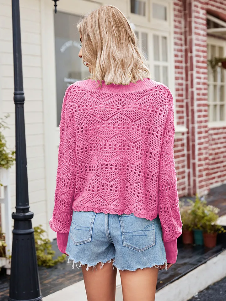 V-Neck Openwork Long Sleeve Knit Top