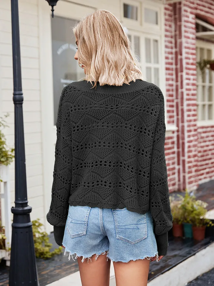 V-Neck Openwork Long Sleeve Knit Top