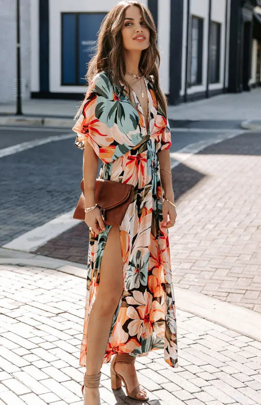 Women's Orange Split Floral Kimono Long Dress