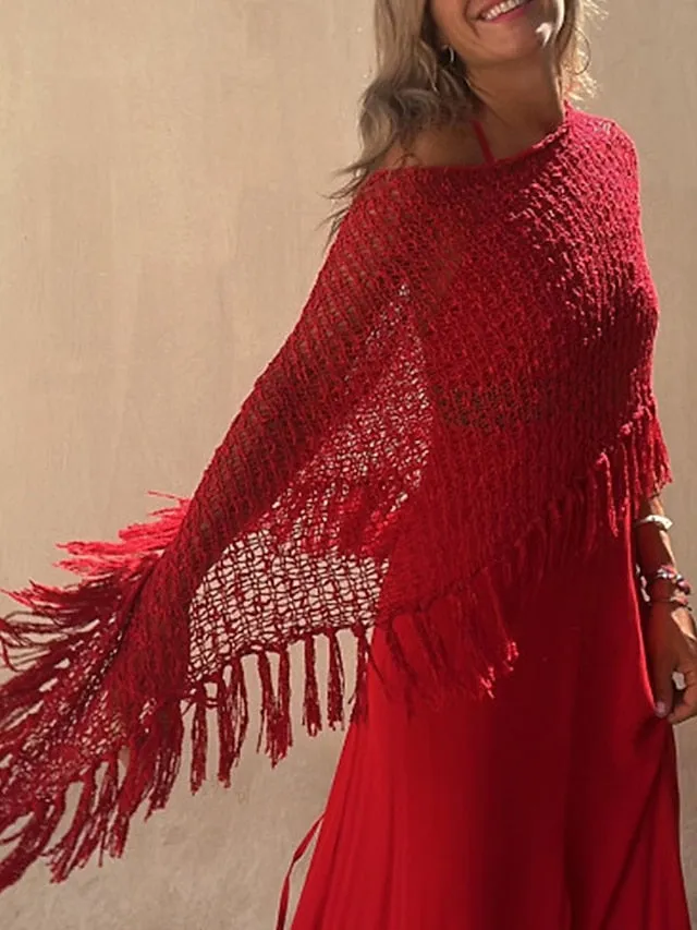 Women's Poncho Sweater Jumper Crochet Knit Tassel Hole Solid Color Crew Neck Stylish Casual Outdoor Daily Batwing Sleeve Summer Spring Yellow Red S M L