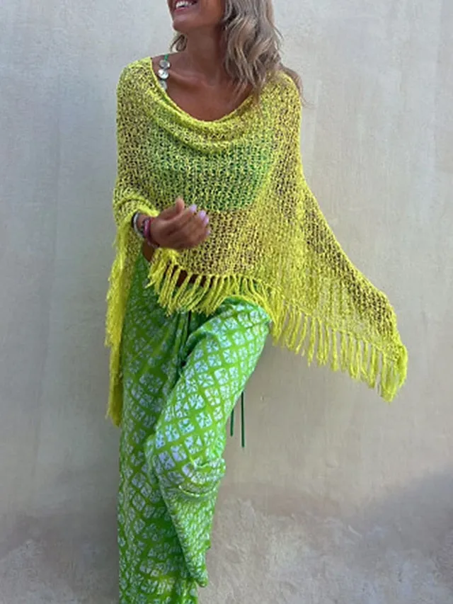 Women's Poncho Sweater Jumper Crochet Knit Tassel Hole Solid Color Crew Neck Stylish Casual Outdoor Daily Batwing Sleeve Summer Spring Yellow Red S M L