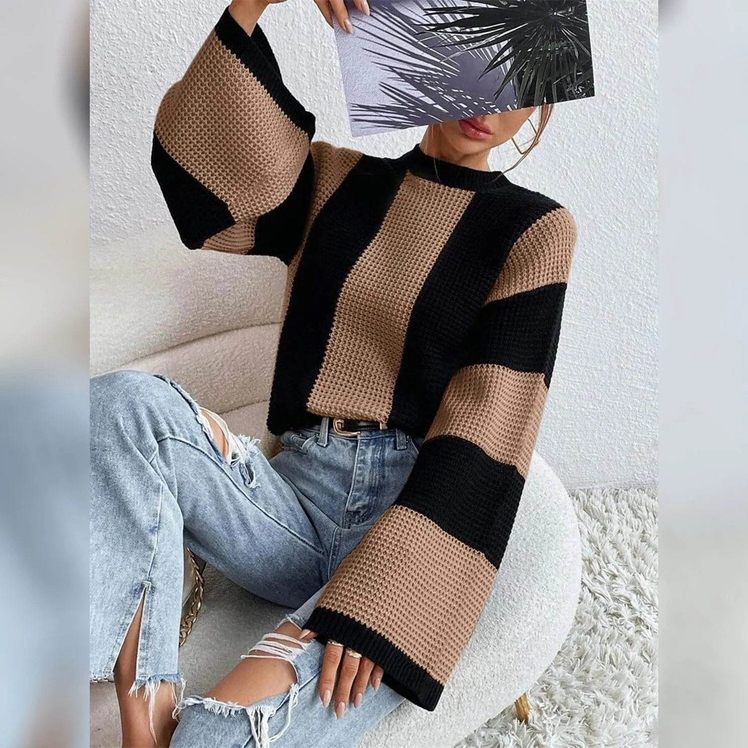 Women's Pullover Ribbed Knit Patchwork Striped Sweater