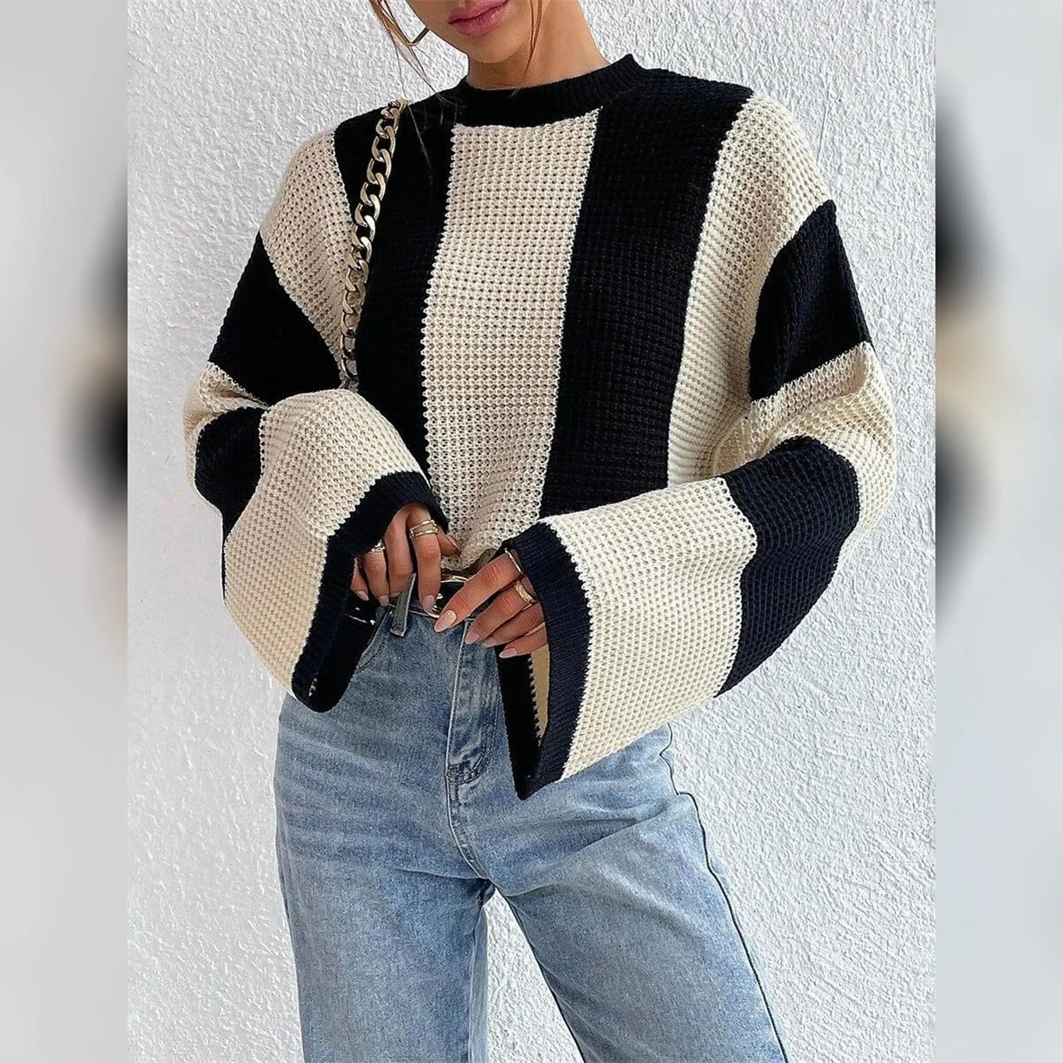 Women's Pullover Ribbed Knit Patchwork Striped Sweater