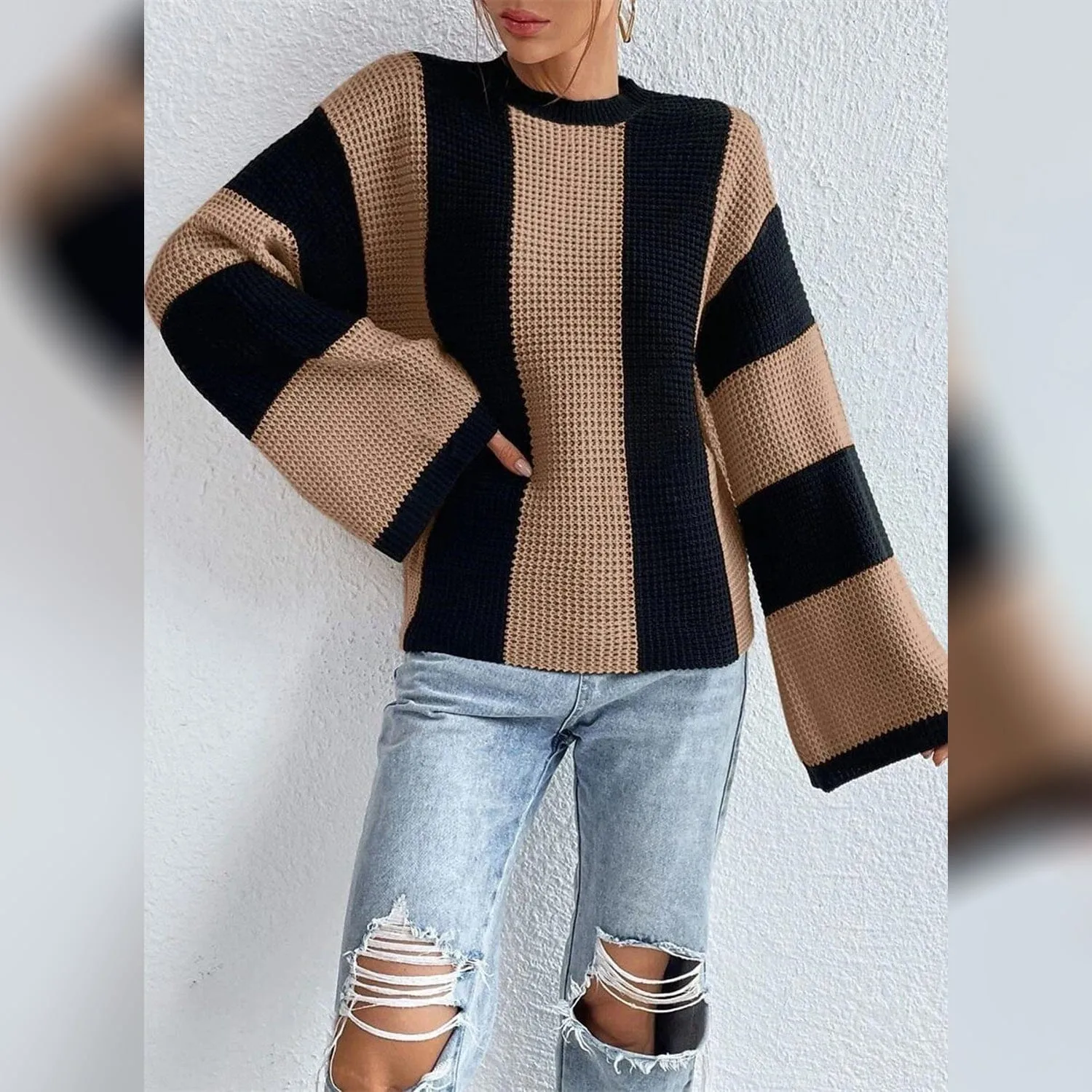 Women's Pullover Ribbed Knit Patchwork Striped Sweater