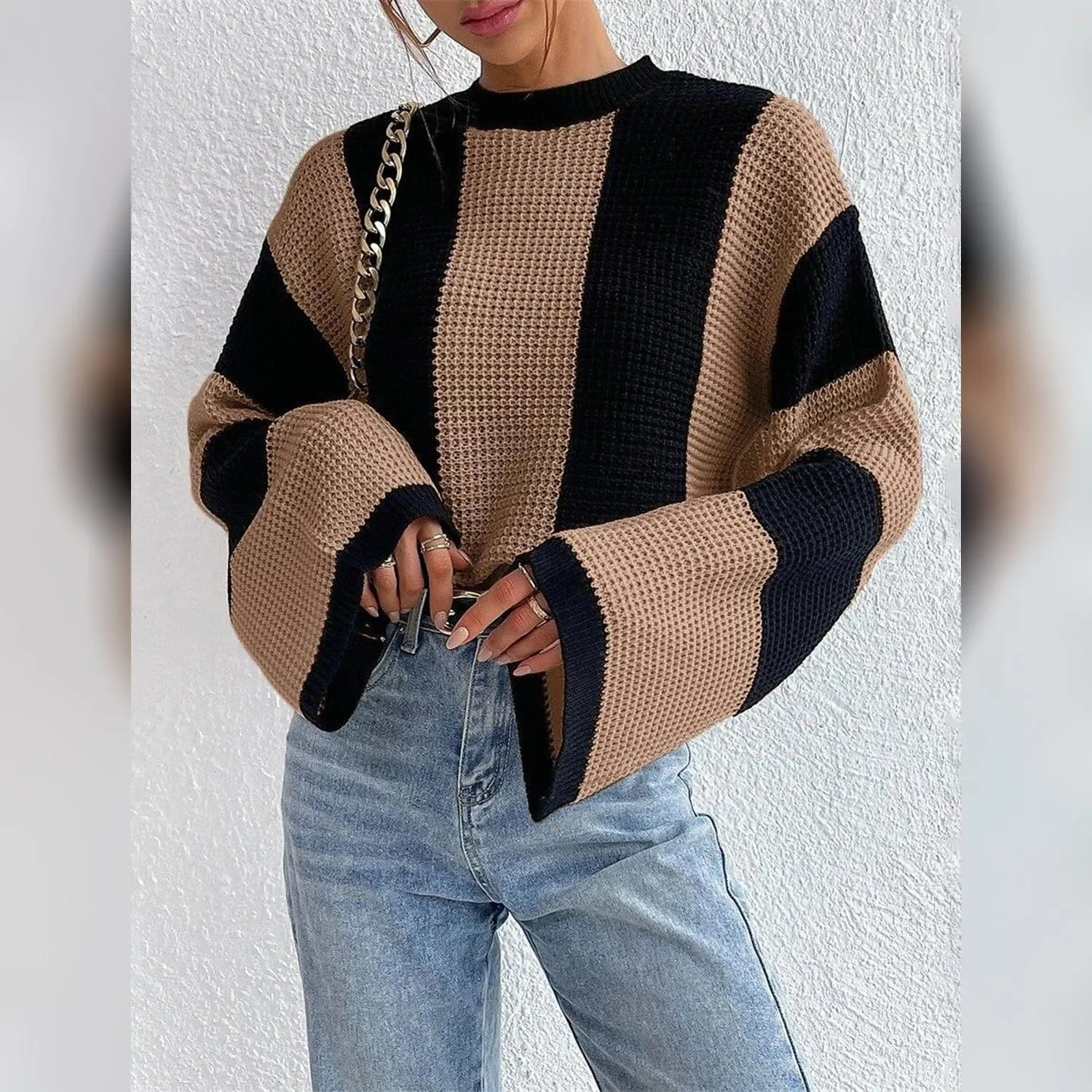 Women's Pullover Ribbed Knit Patchwork Striped Sweater