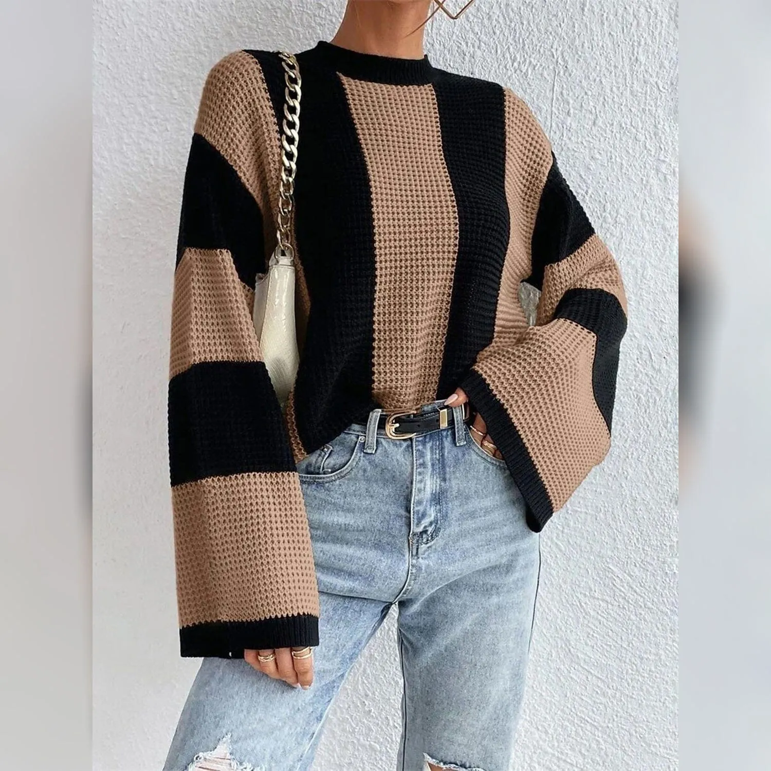 Women's Pullover Ribbed Knit Patchwork Striped Sweater