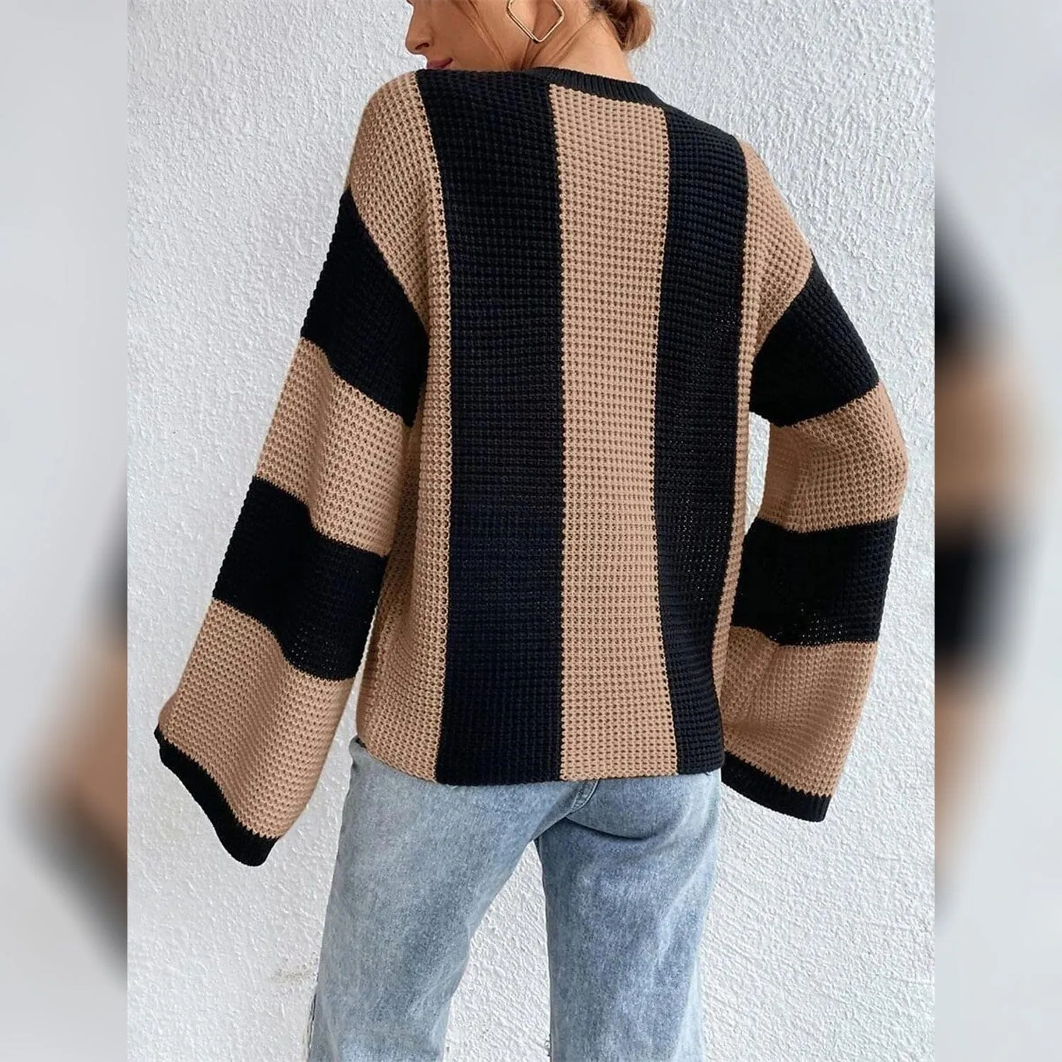 Women's Pullover Ribbed Knit Patchwork Striped Sweater