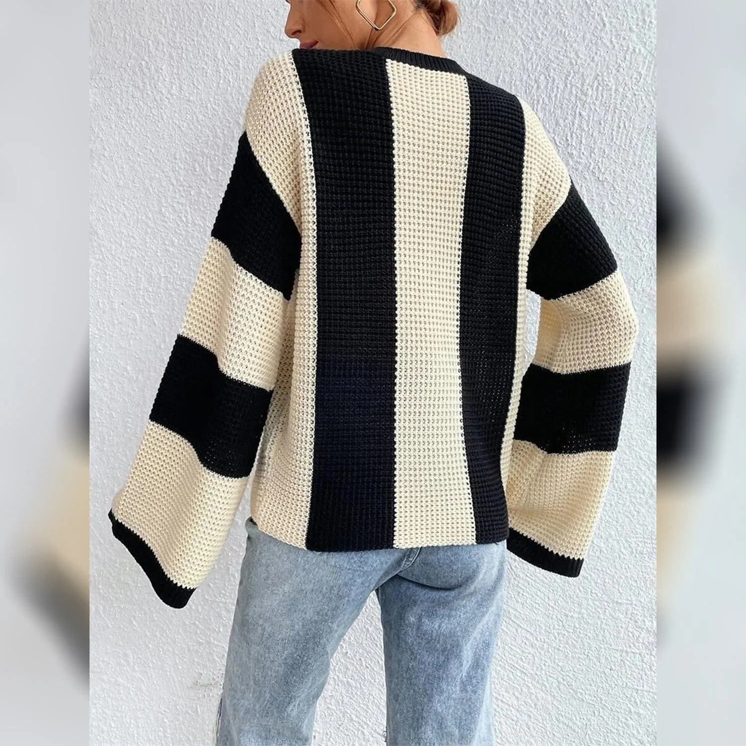 Women's Pullover Ribbed Knit Patchwork Striped Sweater