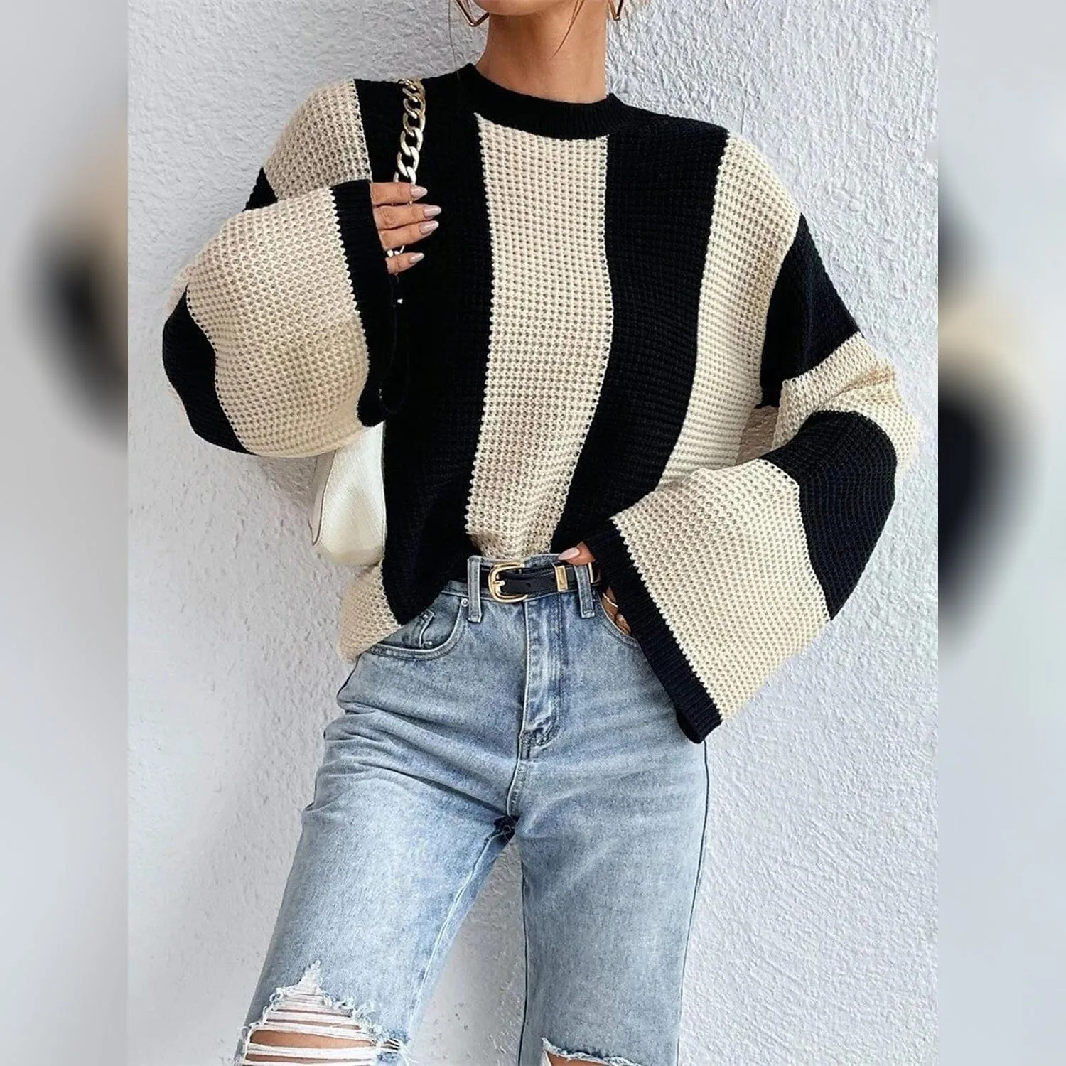 Women's Pullover Ribbed Knit Patchwork Striped Sweater