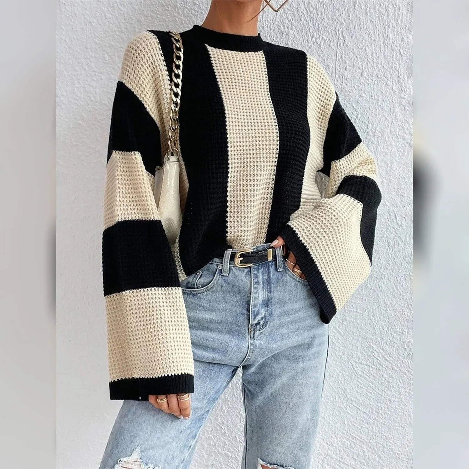 Women's Pullover Ribbed Knit Patchwork Striped Sweater