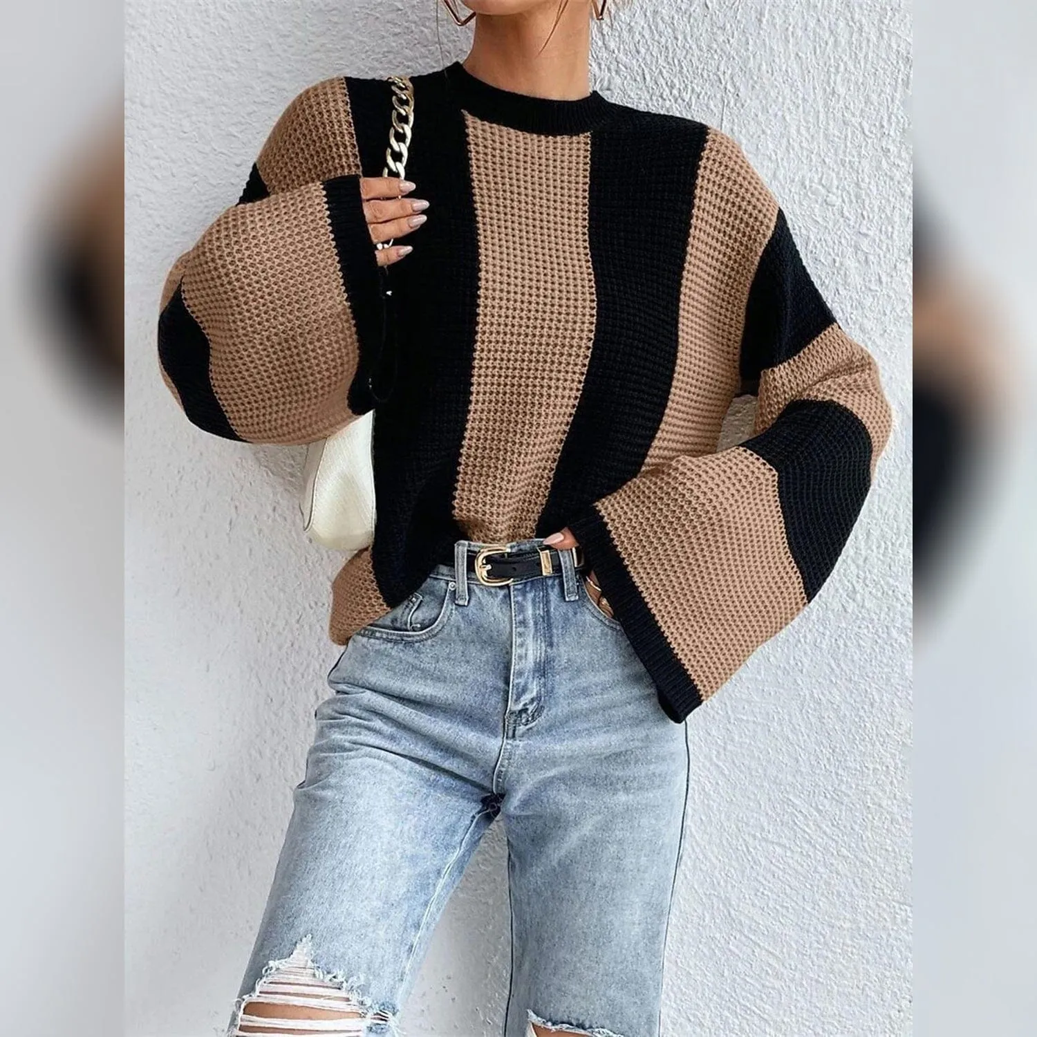 Women's Pullover Ribbed Knit Patchwork Striped Sweater