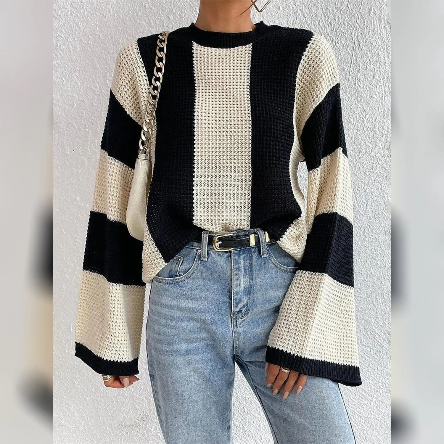 Women's Pullover Ribbed Knit Patchwork Striped Sweater